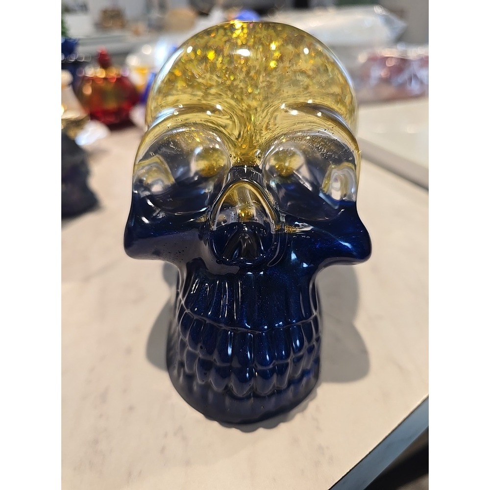 Resin Skull Snow Globe Decoration Gift Blue Gold. 615